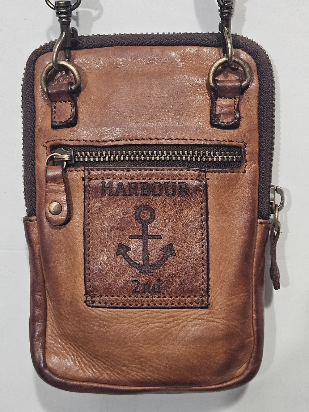 HARBOUR 2ND Distressed Genuine Leather Cell Phone Crossbody Bag Wallet Cognac 6"